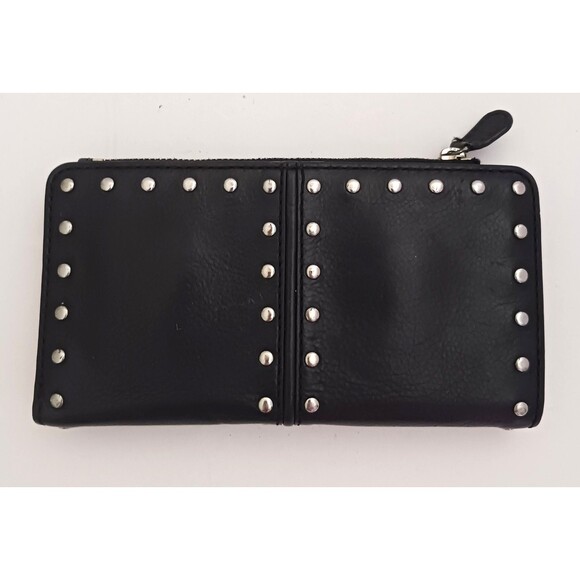 Vtg Y2K Michael Kors Astor Wallet Blk Leather Flat Silver Studs Bi Fold Zip 7X4 - Picture 1 of 7